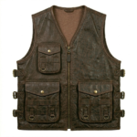 Brown Leather Tactical Vest Utility Utility Multi Pocket front