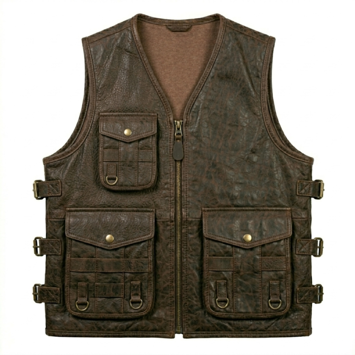 Brown Leather Tactical Vest Utility Utility Multi Pocket front