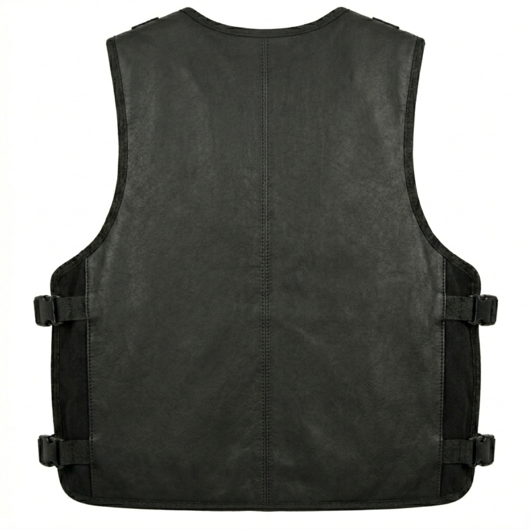 Mens Black Leather Tracital Vest With Tactical Utility Pockets Design