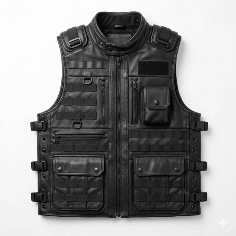 Men’s Black Premium Leather Tactical Vest – Multi-Pocket Utility Biker Vest with Quilted Inner Lining