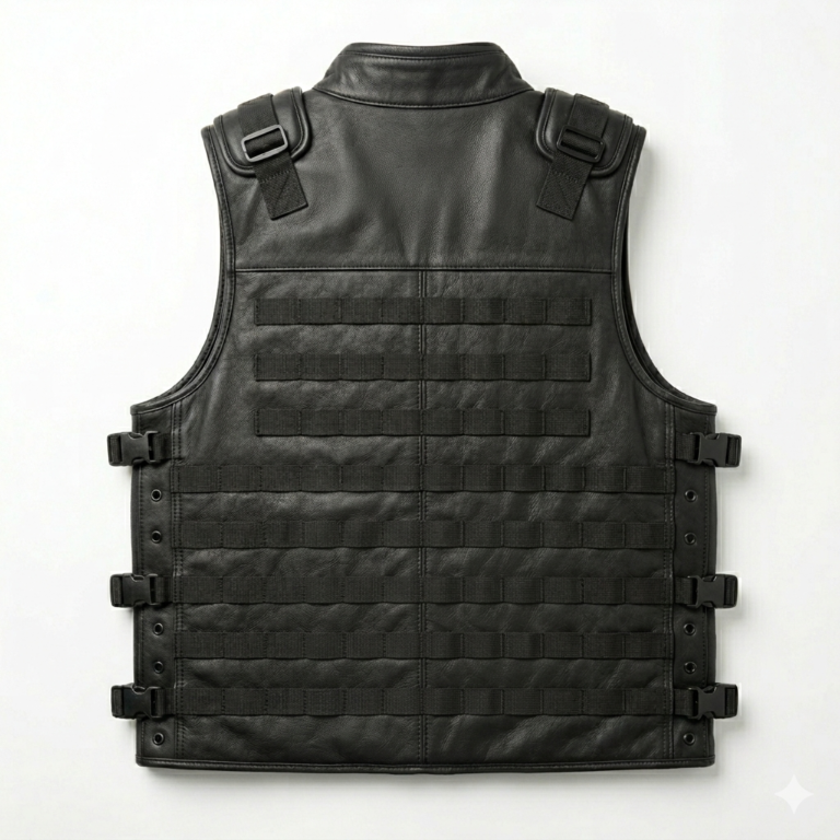 Men’s Black Premium Leather Tactical Vest – Multi-Pocket Utility Biker Vest with Quilted Inner Lining