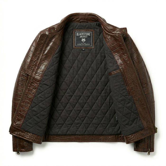 Men's Premium Brown Crocodile Embossed Leather Jacket - MAS Leather Garments - Image 3