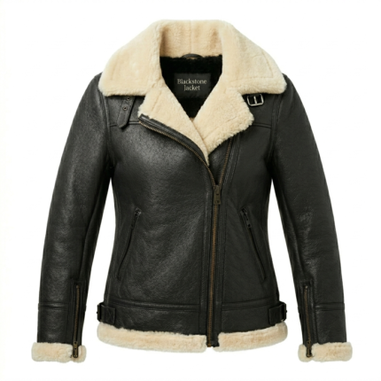 Premium Women’s Shearling Jacket Black Leather & Faux Fur Biker - MAS Leather Garments