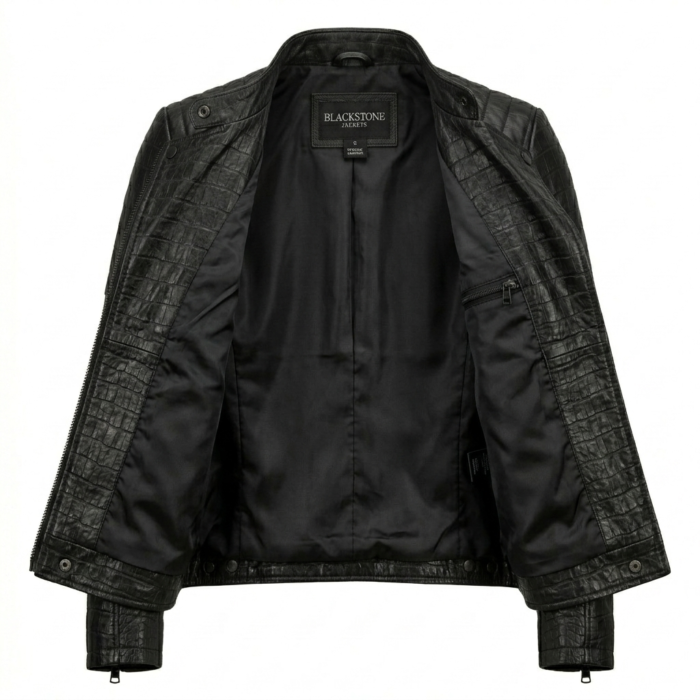 Women's Premium Black Crocodile Embossed Leather Jacket – MAS Leather Garments - Image 3