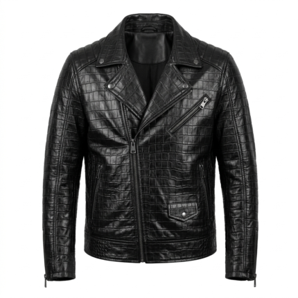 Luxury Men's Black Crocodile Embossed Leather Biker Jacket MAS Leather Garments