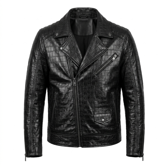 Luxury Men's Black Crocodile Embossed Leather Biker Jacket MAS Leather Garments