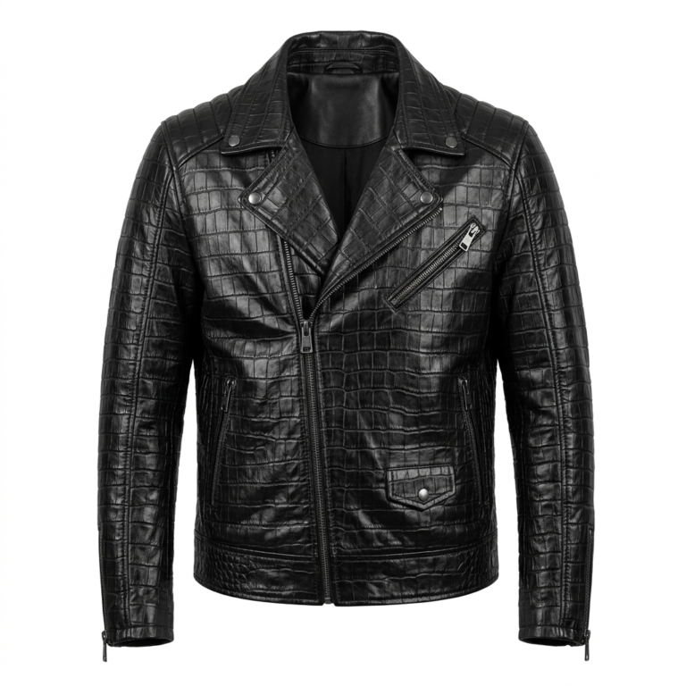 Luxury Men's Black Crocodile Embossed Leather Biker Jacket MAS Leather Garments