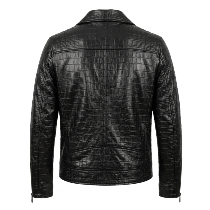 Luxury Men's Black Crocodile Embossed Leather Biker Jacket MAS Leather Garments Back View