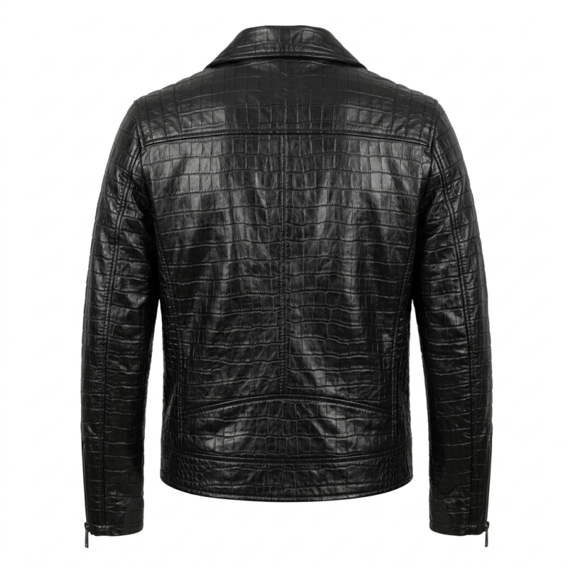 Luxury Men's Black Crocodile Embossed Leather Biker Jacket MAS Leather Garments Back View