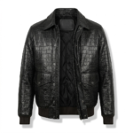 Luxury Men's Black Crocodile Embossed Leather Bomber Jacket MAS Leather Garments