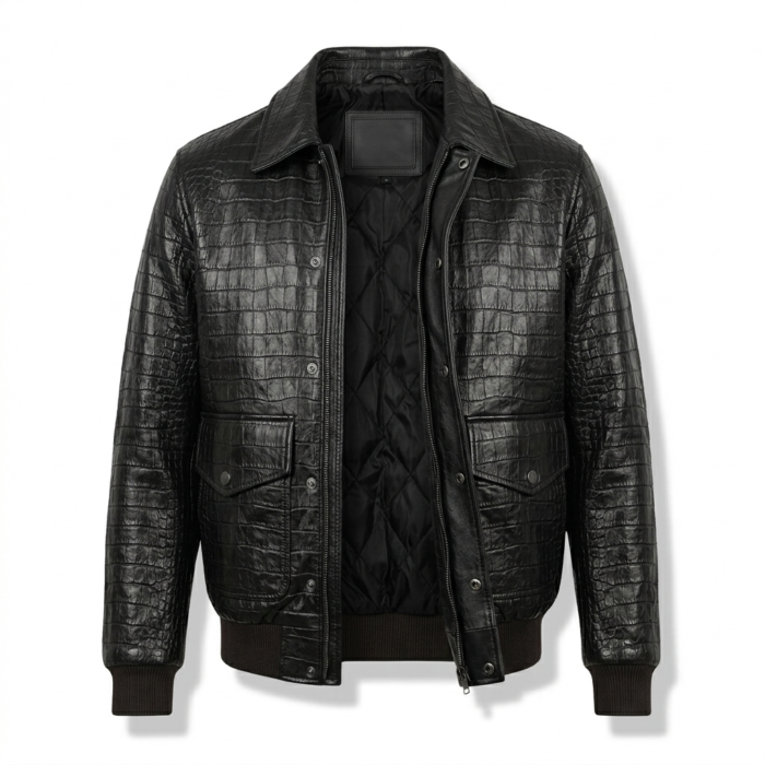 Luxury Men's Black Crocodile Embossed Leather Bomber Jacket MAS Leather Garments