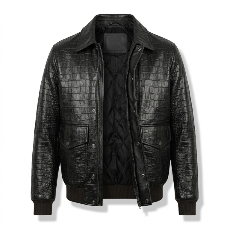 Luxury Men's Black Crocodile Embossed Leather Bomber Jacket MAS Leather Garments