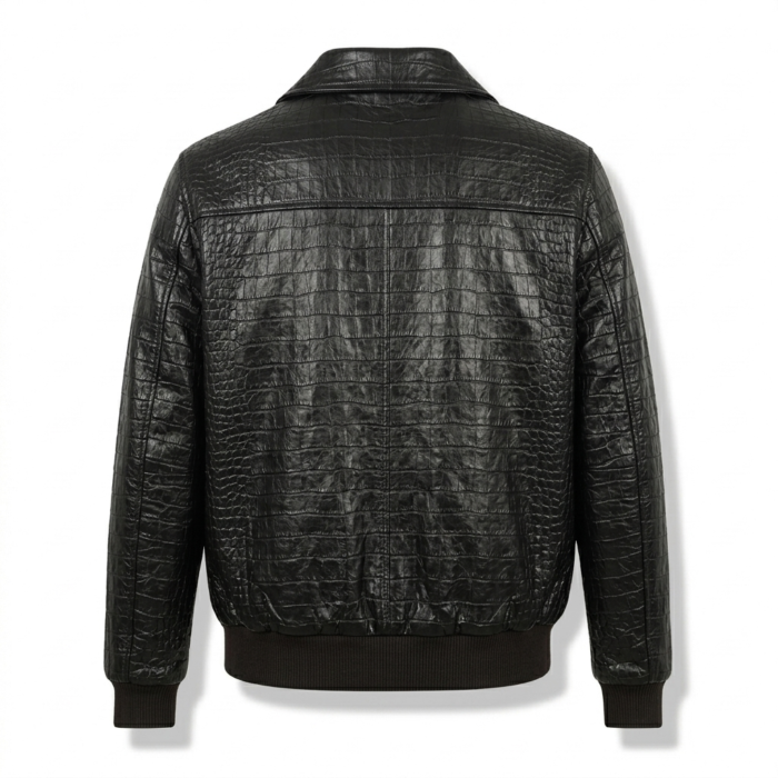 Luxury Men's Black Crocodile Embossed Leather Bomber Jacket MAS Leather Garments Back View