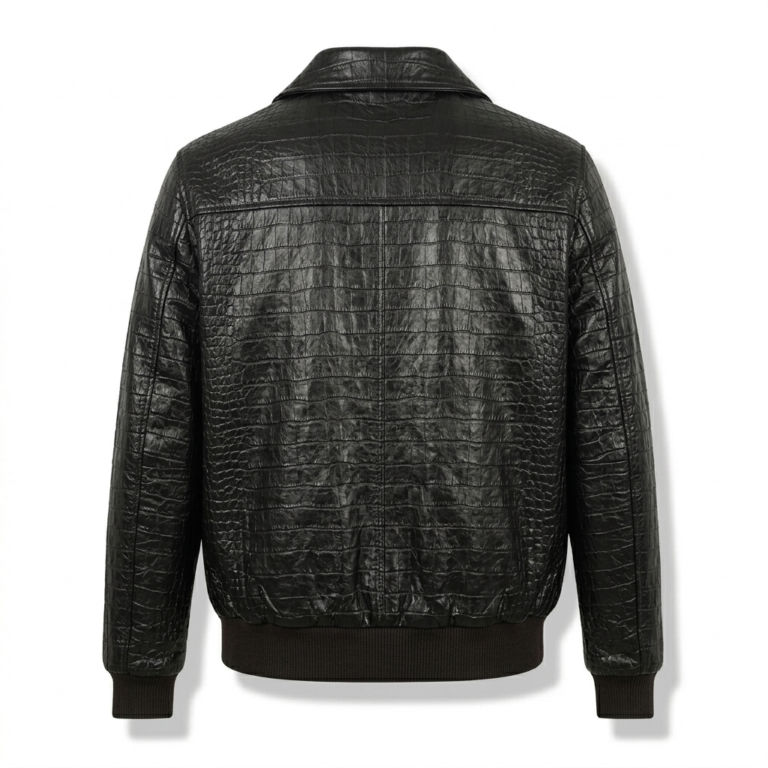 Luxury Men's Black Crocodile Embossed Leather Bomber Jacket MAS Leather Garments Back View