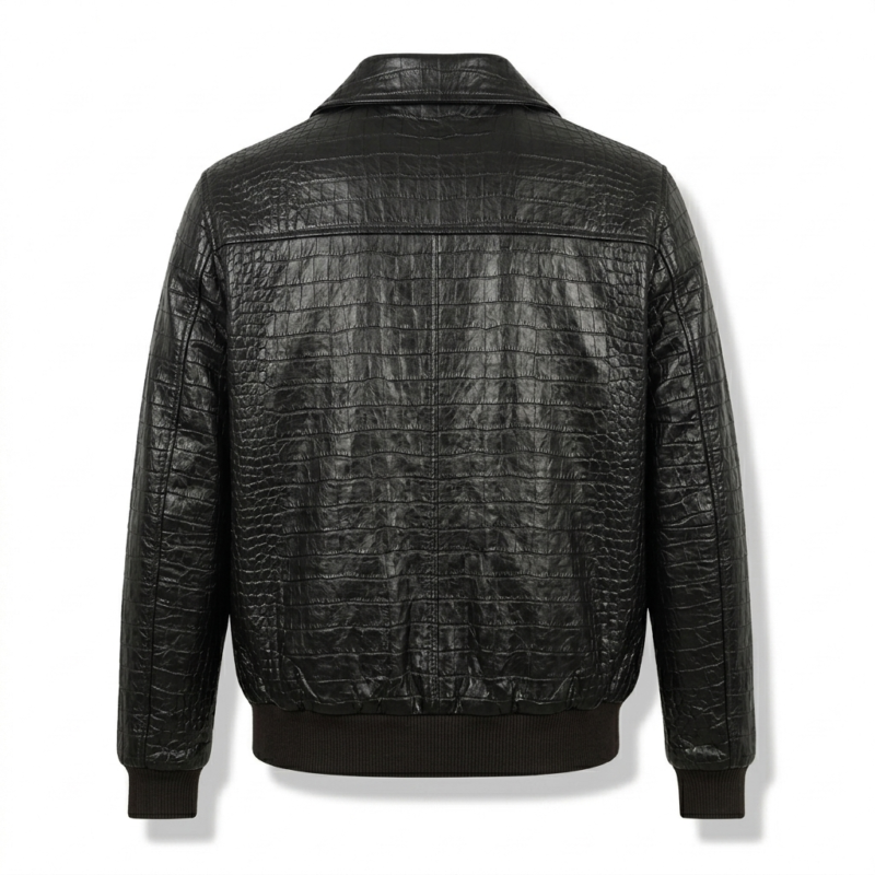 Luxury Men's Black Crocodile Embossed Leather Bomber Jacket MAS Leather Garments Back View