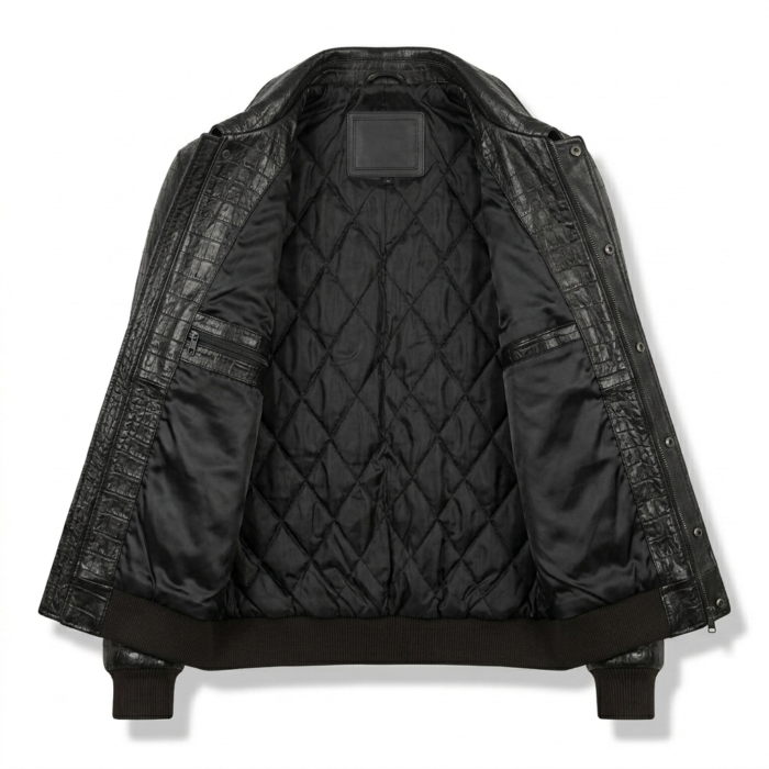 Luxury Men's Black Crocodile Embossed Leather Bomber Jacket MAS Leather Garments Inner View