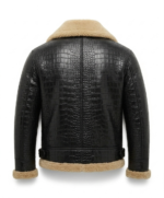 Luxury Men's Black Crocodile Embossed Leather Shearling Jacket MAS Leather Garments Back View