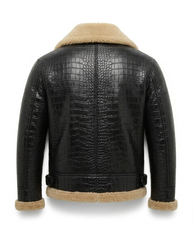 Luxury Men's Black Crocodile Embossed Leather Shearling Jacket MAS Leather Garments Back View