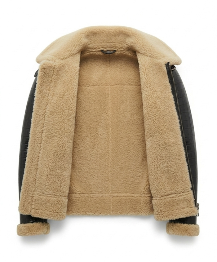 Luxury Men's Black Crocodile Embossed Leather Shearling Jacket MAS Leather Garments Inner View