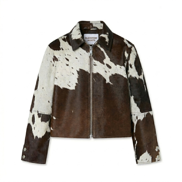 Luxury Monochrome Cow Print Pony Hair Leather Jacket MAS Leather Garments