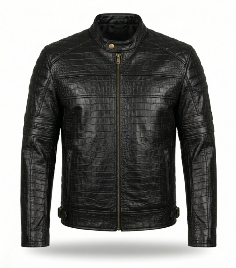 Men's Premium Black Crocodile Embossed Leather Jacket MAS Leather Garments