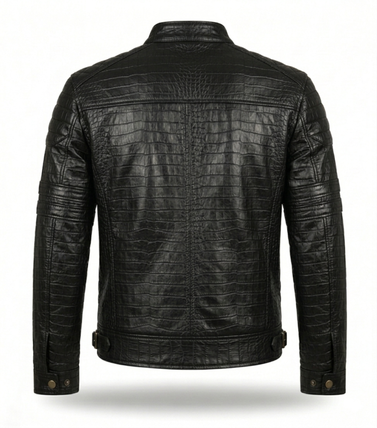 Men's Premium Black Crocodile Embossed Leather Jacket MAS Leather Garments Back View