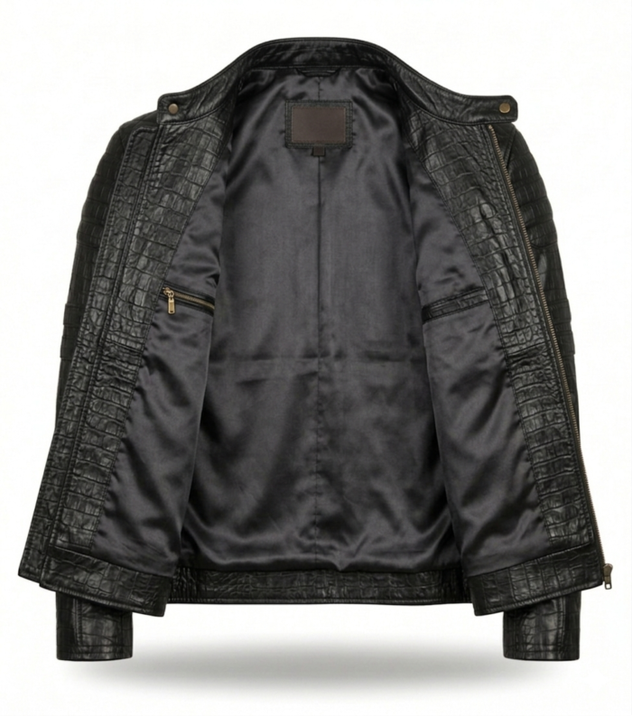 Men's Premium Black Crocodile Embossed Leather Jacket MAS Leather Garments Inner View