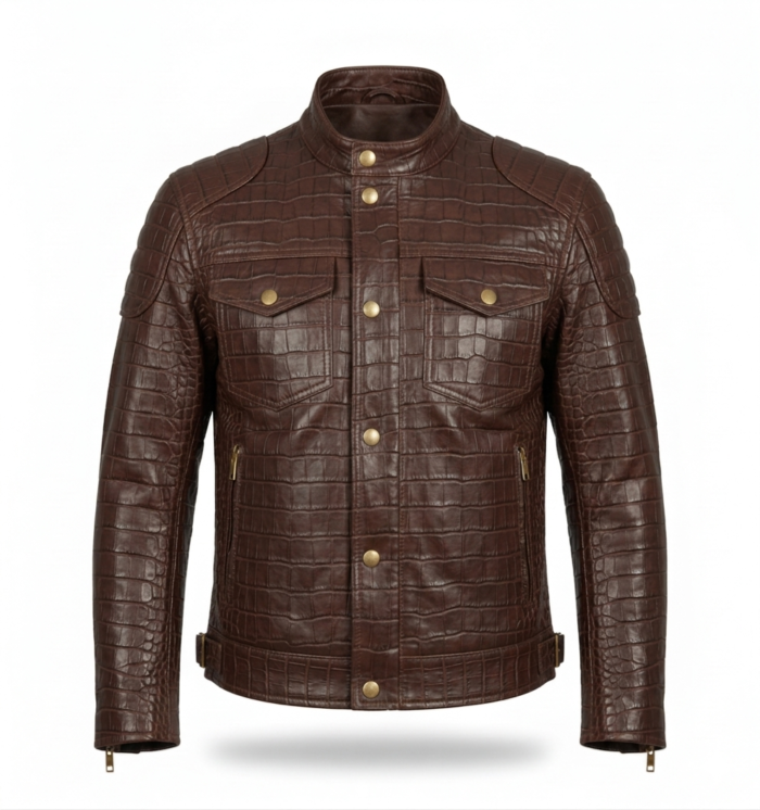 Men's Premium Brown Crocodile Embossed Leather Jacket MAS Leather Garments