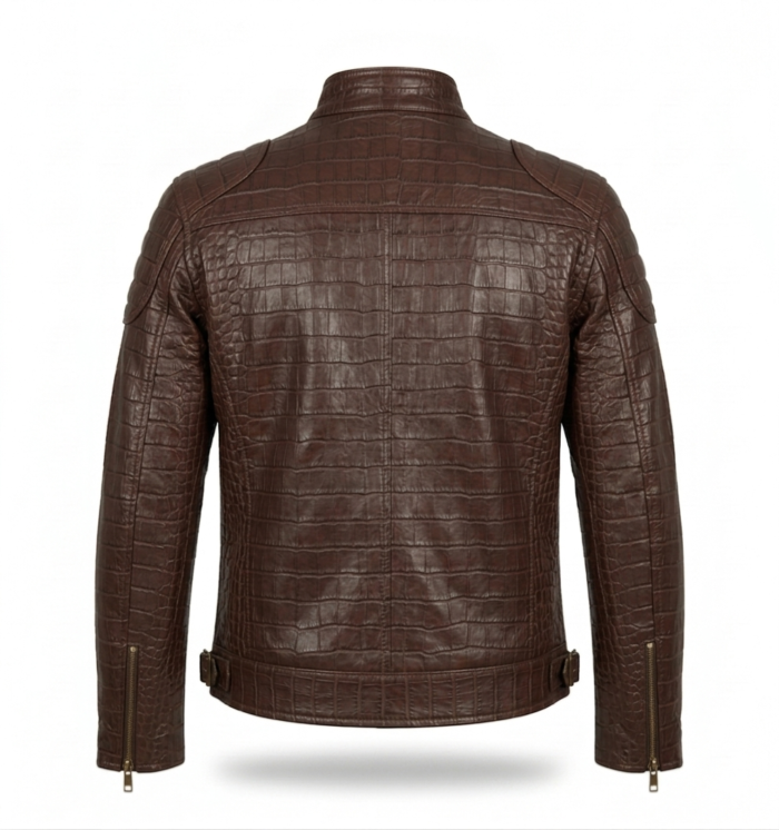 Men's Premium Brown Crocodile Embossed Leather Jacket MAS Leather Garments Back View