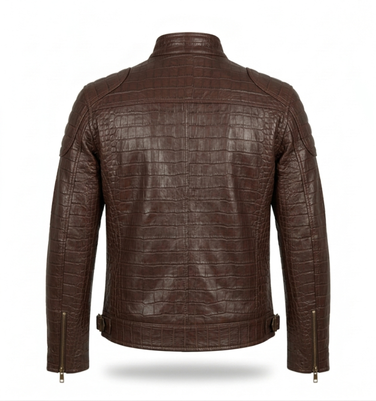 Men's Premium Brown Crocodile Embossed Leather Jacket MAS Leather Garments Back View