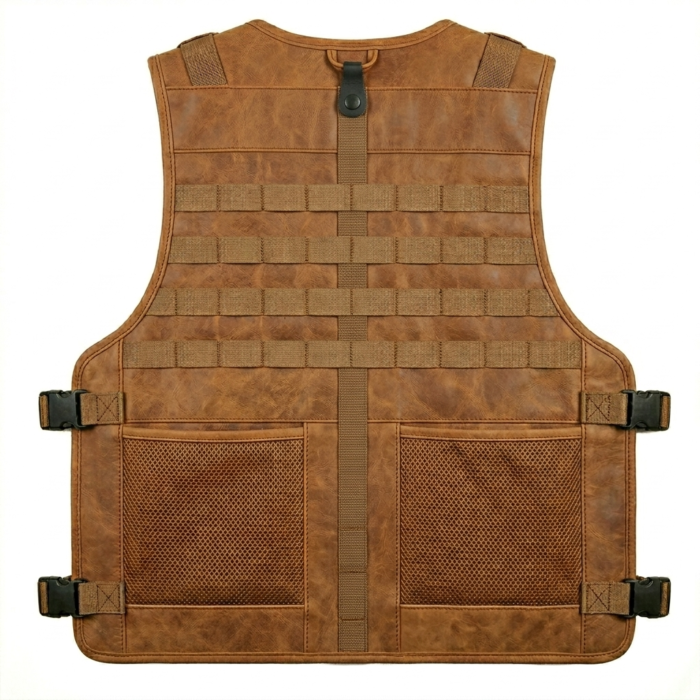 Men’s brown leather tactical vest back view with zipper and utility design