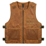 Men’s brown leather tactical vest front view with zipper and utility design