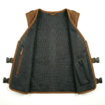 Men’s brown leather tactical vest inner view with zipper and utility design