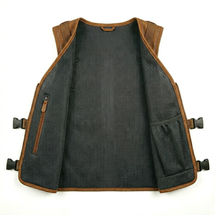 Men’s brown leather tactical vest inner view with zipper and utility design