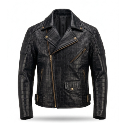 Premium Black Crocodile Embossed Mens Leather Jacket MAS Leather Garments
