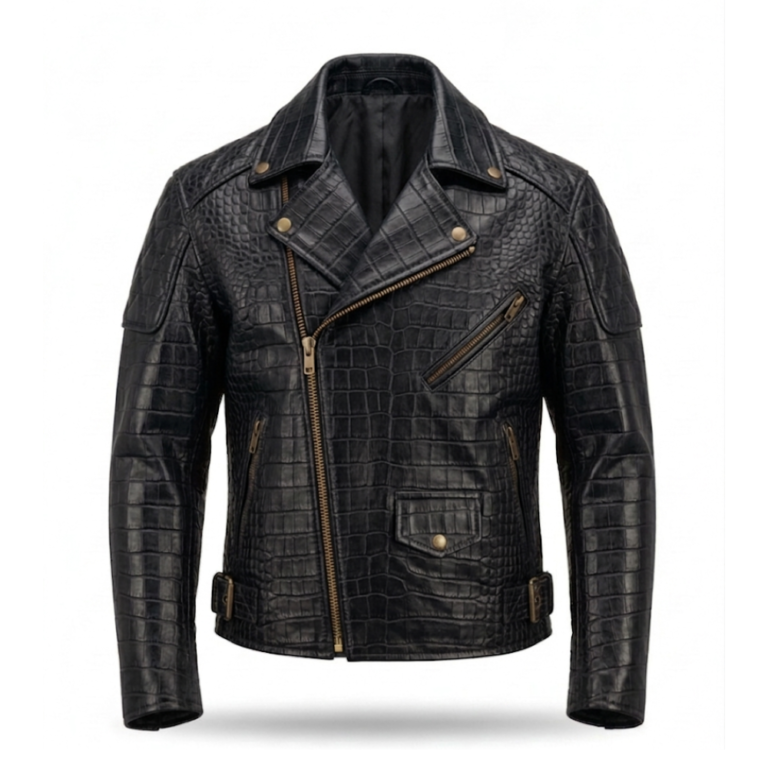 Premium Black Crocodile Embossed Mens Leather Jacket MAS Leather Garments