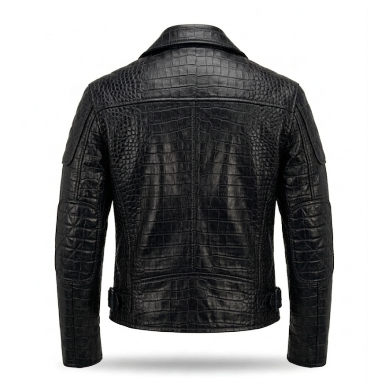 Premium Black Crocodile Embossed Mens Leather Jacket MAS Leather Garments Back View