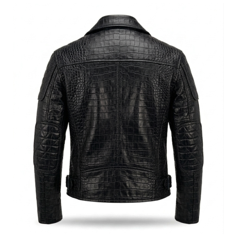 Premium Black Crocodile Embossed Mens Leather Jacket MAS Leather Garments Back View