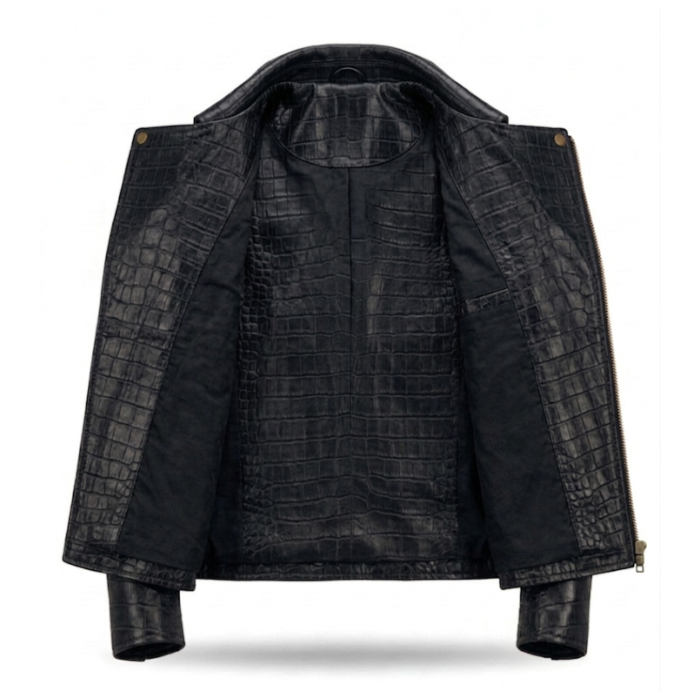 Premium Black Crocodile Embossed Mens Leather Jacket MAS Leather Garments Inner View