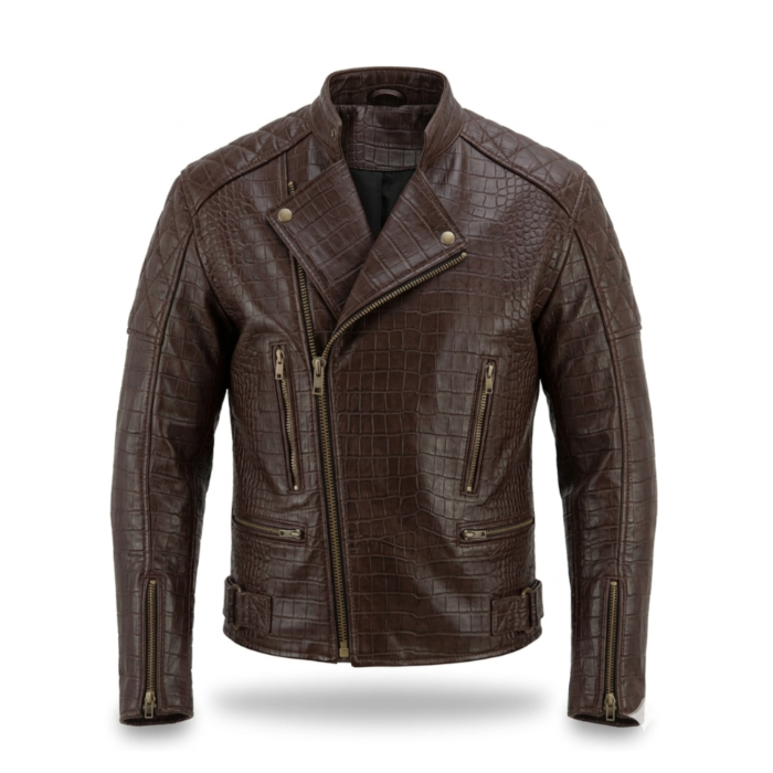 Premium Brown Crocodile Embossed Genuine Men's Leather Jacket MAS Leather Garments