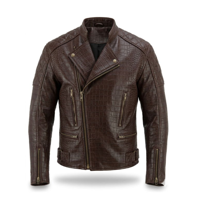Premium Brown Crocodile Embossed Genuine Men's Leather Jacket MAS Leather Garments