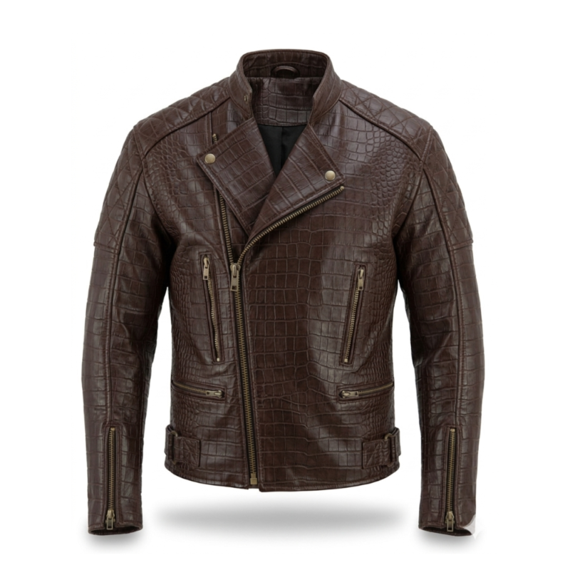 Premium Brown Crocodile Embossed Genuine Men's Leather Jacket MAS Leather Garments