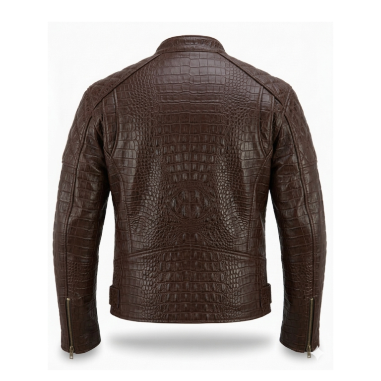 Premium Brown Crocodile Embossed Genuine Men's Leather Jacket MAS Leather Garments Back View