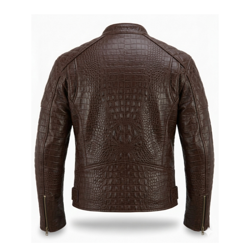 Premium Brown Crocodile Embossed Genuine Men's Leather Jacket MAS Leather Garments Back View