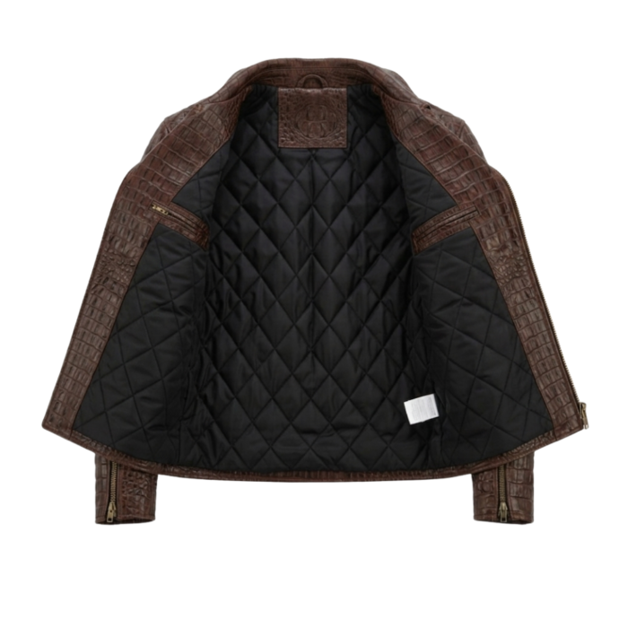Premium Brown Crocodile Embossed Genuine Men's Leather Jacket MAS Leather Garments Inner View