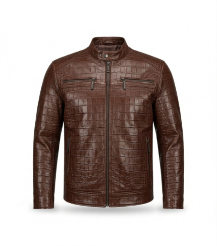 Premium Brown Crocodile Embossed Men's Leather Jacket MAS Leather Garments