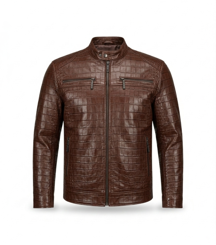 Premium Brown Crocodile Embossed Men's Leather Jacket MAS Leather Garments