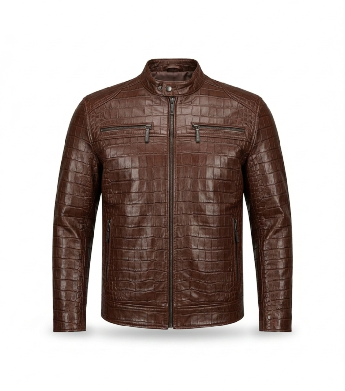 Premium Brown Crocodile Embossed Men's Leather Jacket MAS Leather Garments