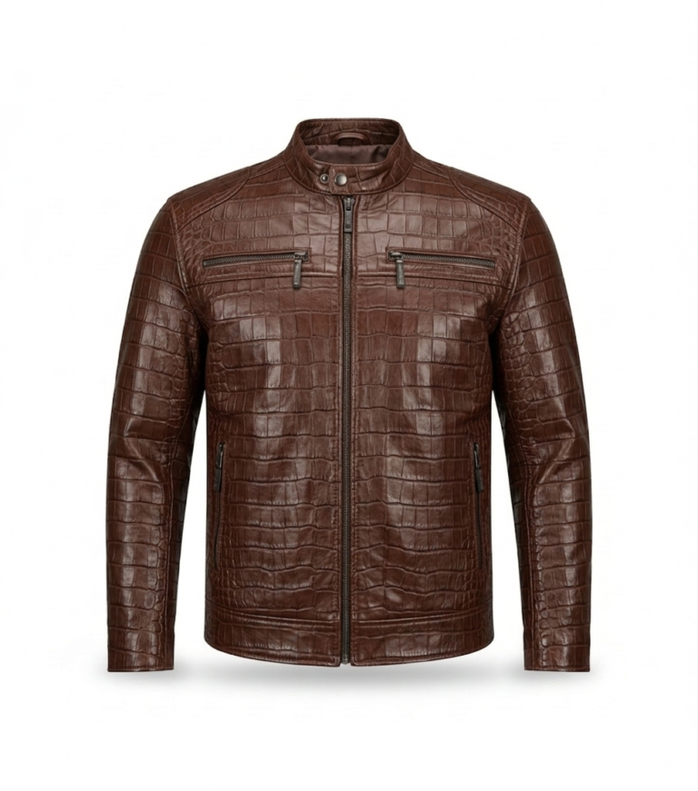 Premium Brown Crocodile Embossed Men's Leather Jacket MAS Leather Garments
