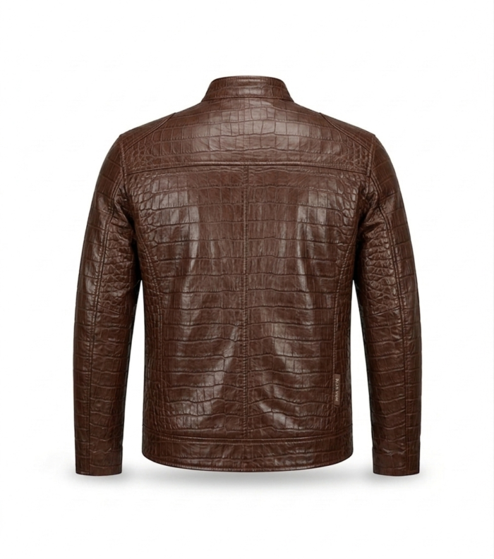 Premium Brown Crocodile Embossed Men's Leather Jacket MAS Leather Garments Back View